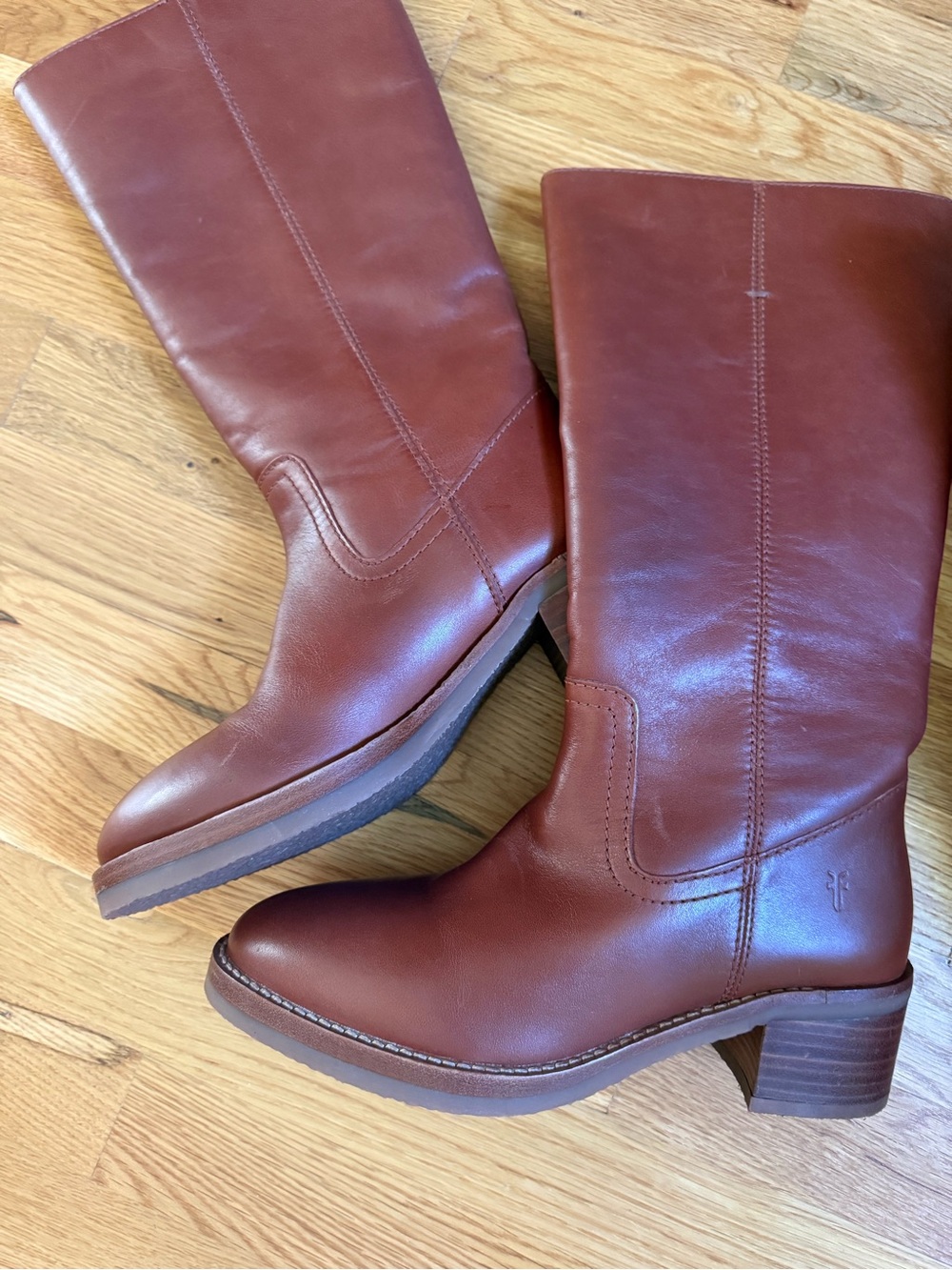 Frye Camryn Tall Leather Mid-Calf Heeled Boots Cognac
